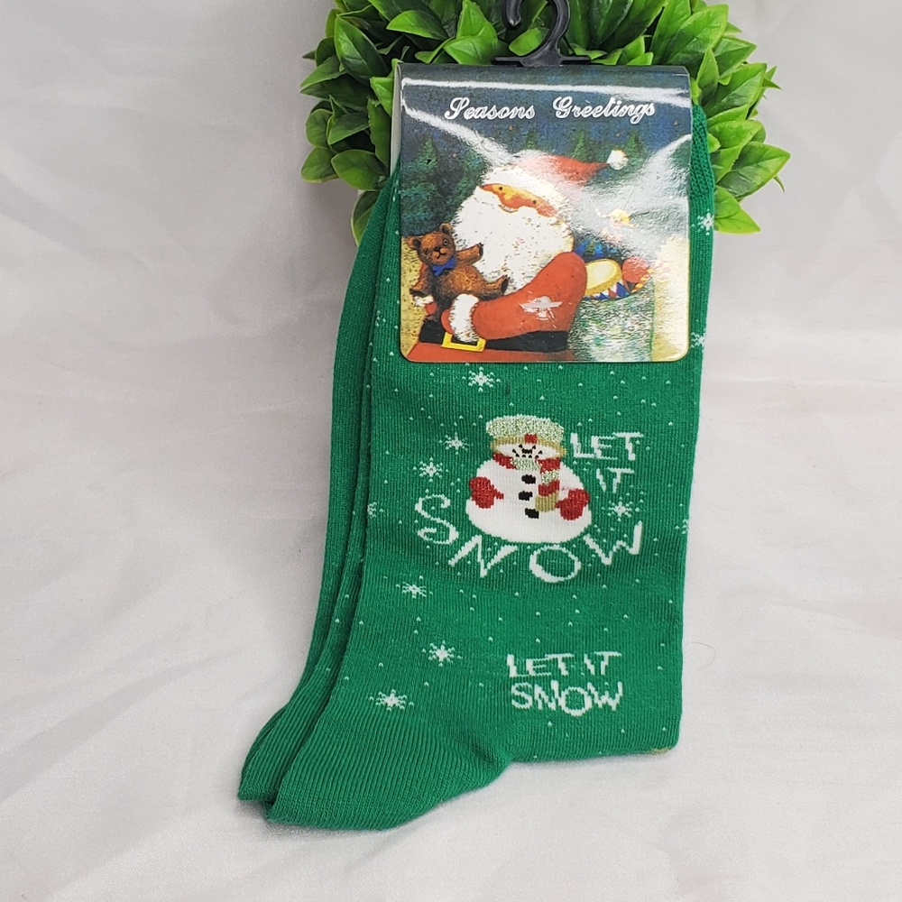 ♧ Novelty Snowman Christmas Socks Let it Snow Green and White Size 9-11